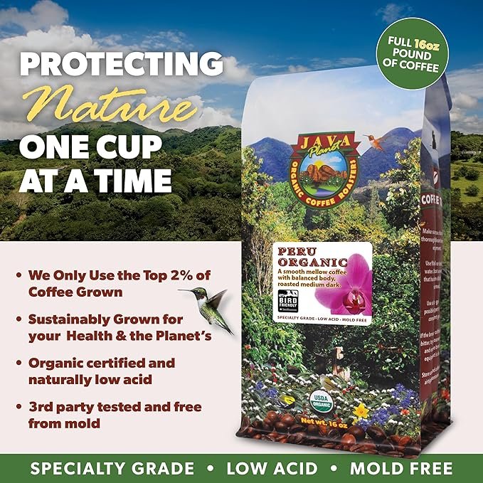 4 Java Planet Organic, Peru Single Origin Medium Dark Roast, Smooth Full Flavored Organic Coffee Beans, Low Acid, Whole Bean Coffee, Smithsonian Bird Friendly 1LB Bag