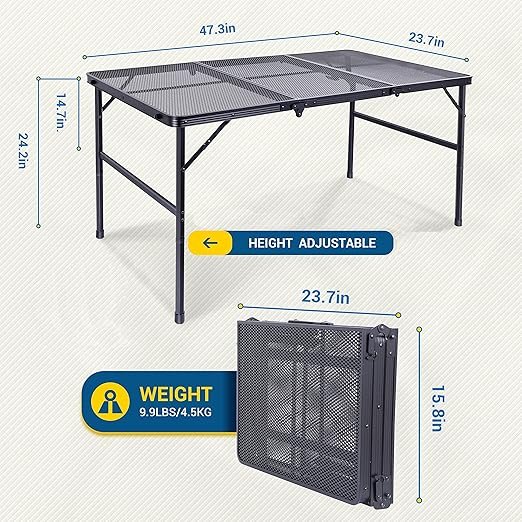 2 Nice C BBQ Table, Picnic Tables, Camping Table, Table Pliante Camping, Grill Table Height Adjustable Mesh Bag Lightweight, Carry Handle for Beach, Indoor (47.3” x 23.7“ x 14.7”/24.2“ Black)