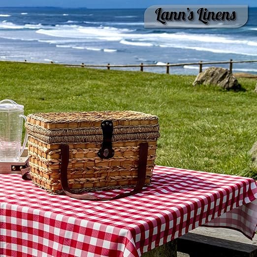 2 Lann's Linens - 60" x 126" Premium Checkered Tablecloth - Rectangular Polyester Fabric Picnic Table Cover - Red & White Gingham Cloth