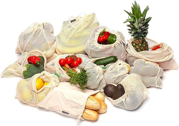 3 12+1 Eco-friendly Produce Bags | Sustainable Organic Cotton Mesh Bags | Durable Stitching & Weight Label | Vegetable Mesh Bags | Reusable Cotton Grocery Bags | Washable Produce Bags (3 sizes)