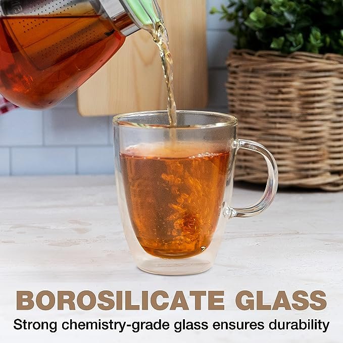 5 Eparé 13 oz Clear Glass Double Wall Coffee Mugs - Set of 2 Transparent Glass Cups - Insulated Glass Mug for Hot Drinks with Handle - Large Cup for Espresso, Latte, Cappuccino, or Tea