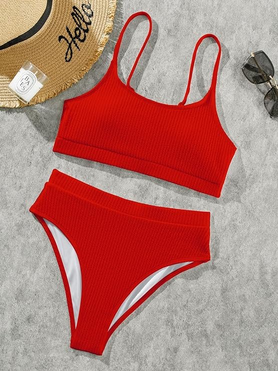 2 Lilosy High Waisted Tummy Control Ribbed Bikini Crop Top Brazilian Swimsuit Set 2 Piece