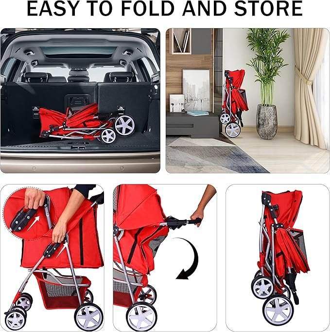 1 Elevon Pet Stroller, 4 Wheels Multifunction Dog Cat Stroller, Folding Portable Travel Stroller with Detachable Carrier, Suitable for Medium Small Dogs Cats, Red