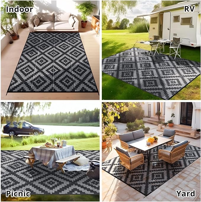 4 Black Grey Rhombus Outdoor Rug- 5x8FT, Durable Waterproof Mat for Camping, RV, Patio, Pool Deck, Beach or Indoor Use. Includes Portable Bag & Stakes. UV and Stain Resistant.