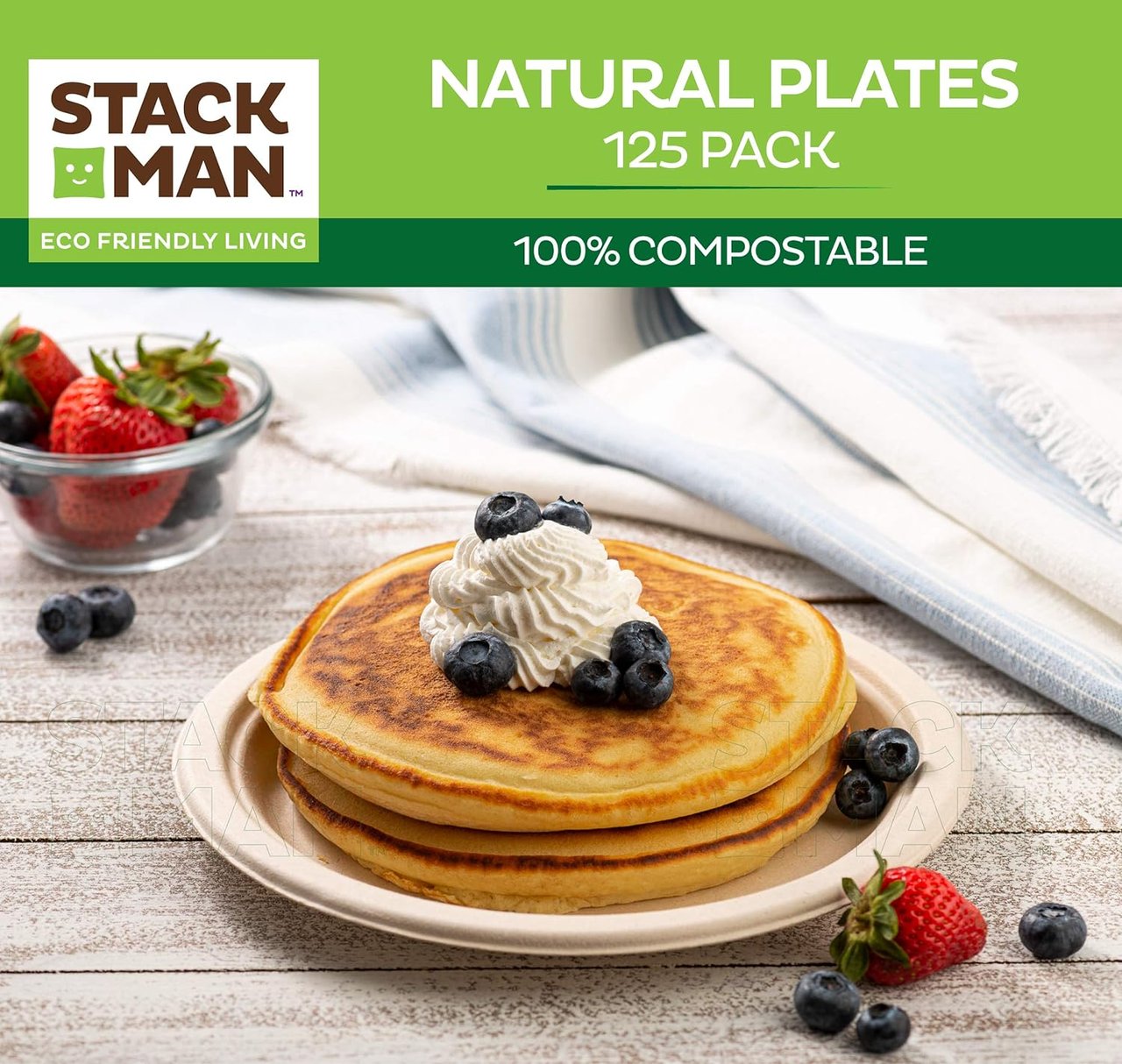 3 100% Compostable 9 Inch Paper Plates [125-Pack] Heavy-Duty Plate, Natural Disposable Bagasse Plate, Eco-Friendly Made of Sugarcane Fibers - Natural Unbleached Brown 9" Biodegradable Plate by Stack Man