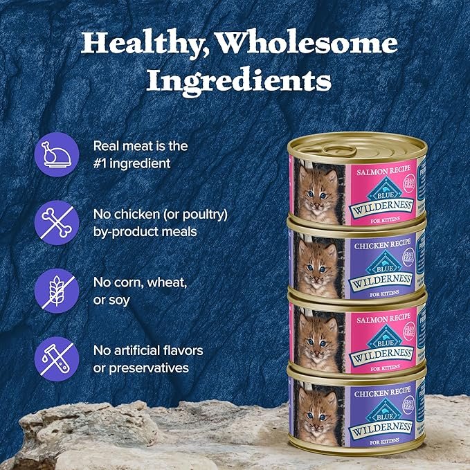 3 Blue Buffalo Wilderness Kitten Food, High-Protein & Grain-Free Wet Cat Food Paté Variety Pack, Chicken & Salmon Recipes, 3-oz. Cans (6 Count, 3 of Each)