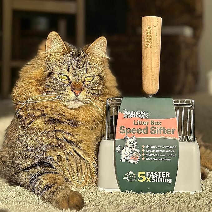 4 Sprinkle & Sweep Cat Litter Scoop - Heavy Duty Litter Scooper & Speed Sifter with Comfortable Beech Wood Grip - Metal Cat Litter Scoop, Washable Convenient Stand for Easy and Efficient Cleaning
