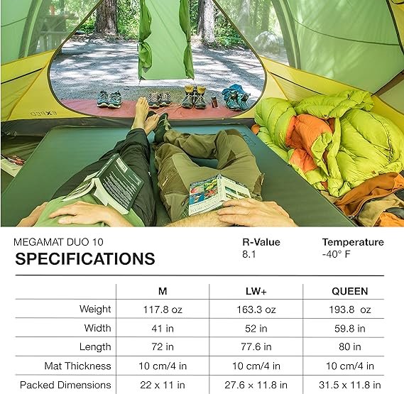3 Exped MegaMat 10 Duo | Self-Inflating Camping Mat for Two | Extremely Comfortable & Luxurious Sleeping Pad, Green, Long Wide Plus