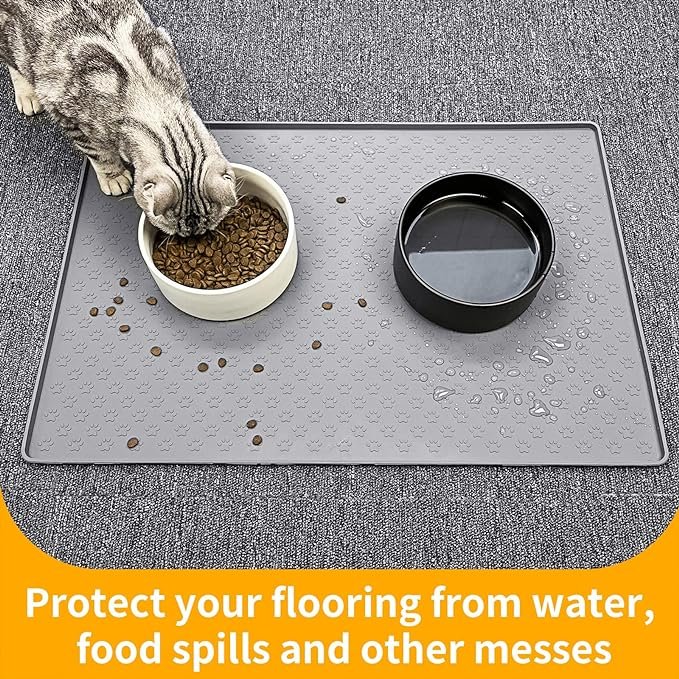 3 Ptlom Pet Placemat for Dog and Cat, Mat for Prevent Food and Water Overflow, Suitable for Small, Medium and Big Pet, 18" 12", Grey, Silicone