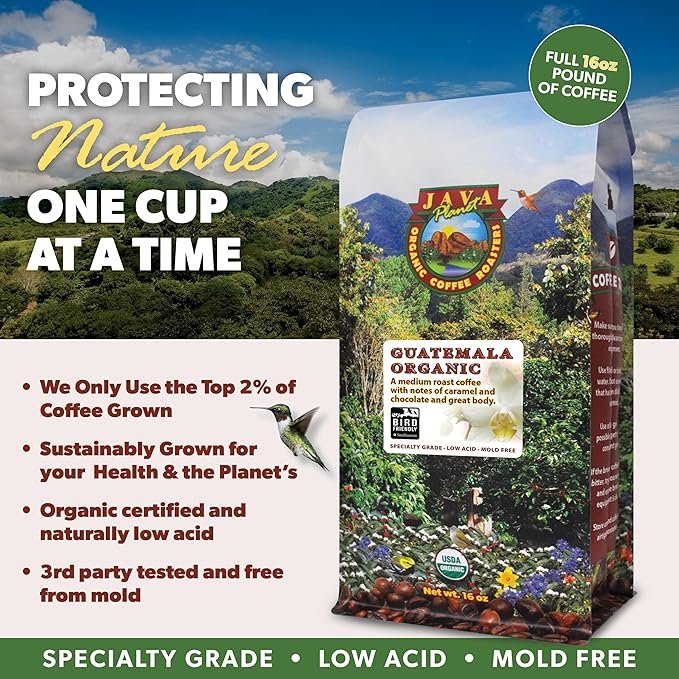 4 Java Planet Organic Guatemala Single Origin Low Acid Coffee - Whole Bean Medium Roast (1 lb, Pack of 1), Smooth Full Flavored Coffee Bean, Smithsonian Bird Friendly