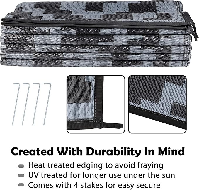 3 SAND MINE Reversible Mats, Plastic Straw Rug, Modern Area Rug, Large Floor Mat and Rug for Outdoors, RV, Patio, Backyard, Deck, Picnic, Beach, Trailer, Camping (9' x 12', Black Grey Lattice)