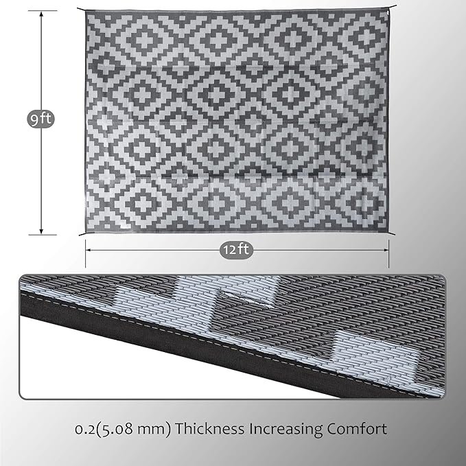 1 SAND MINE Reversible Mats, Plastic Straw Rug, Modern Area Rug, Large Floor Mat and Rug for Outdoors, RV, Patio, Backyard, Deck, Picnic, Beach, Trailer, Camping (9' x 12', Black Grey Lattice)