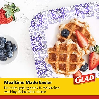 4 Glad Square Disposable Paper Plates for All Occasions | Soak Proof, Cut Proof, Microwaveable Heavy Duty Disposable Plates | 8.5" Diameter, 50 Count Bulk Paper Plates,Purple