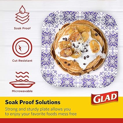 2 Glad Square Disposable Paper Plates for All Occasions | Soak Proof, Cut Proof, Microwaveable Heavy Duty Disposable Plates | 8.5" Diameter, 50 Count Bulk Paper Plates,Purple