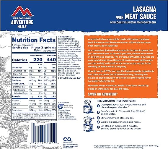 4 Mountain House Lasagna with Meat Sauce | Freeze Dried Backpacking & Camping Food | Survival & Emergency Food