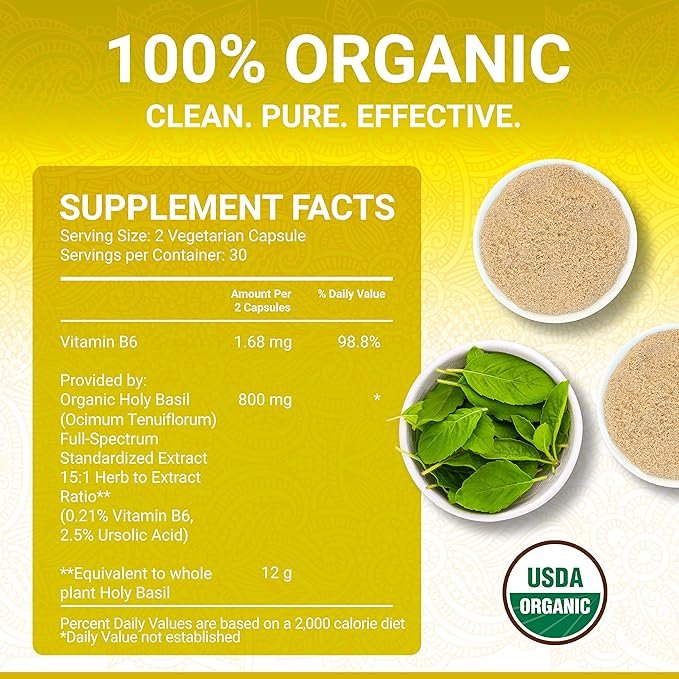 4 Holy Basil Capsules - USDA Organic Vitamin B6 Capsules | High Strength Vitamin B6 and 2.5% Ursolic Acid | Tulsi Holy Basil Leaf Capsules | Holy Basil Extract 15:1 | Herbal Supplement | 60 Vegan Pills