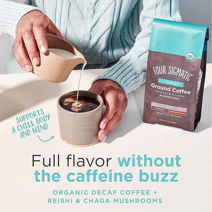 3 12oz Bag of Swiss Water Decaf Coffee Ground with Organic Chaga & Reishi Mushroom Extracts for Immune Support and Stress Relief by Four Sigmatic
