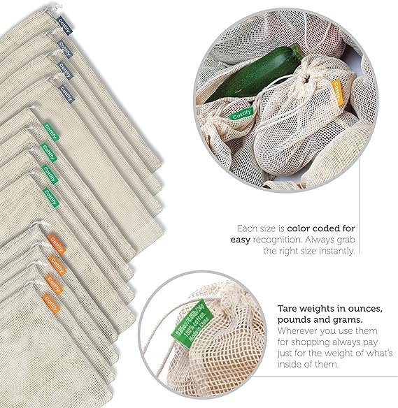 2 12+1 Eco-friendly Produce Bags | Sustainable Organic Cotton Mesh Bags | Durable Stitching & Weight Label | Vegetable Mesh Bags | Reusable Cotton Grocery Bags | Washable Produce Bags (3 sizes)