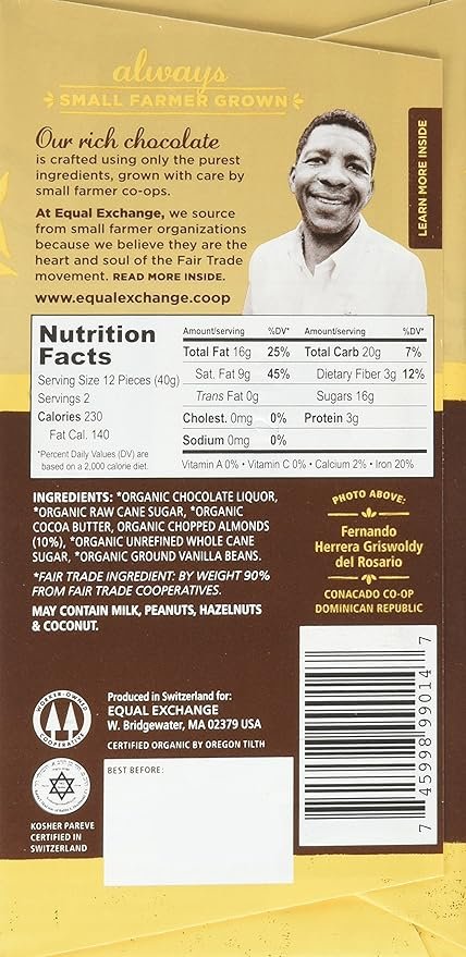 1 Equal Exchange Organic Dark Chocolate with Almonds, 2.8-Ounce (Pack of 6)