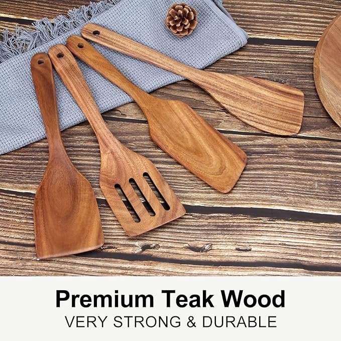 1 Best Wooden Spatula for Cooking Non Stick Kitchen Utensils Teak Wood Spatula Set of 4 Flat Slotted Turner Spatula for Baking Mixing Scraping Fish Spatula Wood Cooking Utensil Set Egg Flipper Spatula