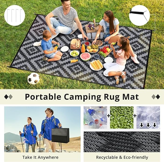 3 Black Grey Rhombus Outdoor Rug- 5x8FT, Durable Waterproof Mat for Camping, RV, Patio, Pool Deck, Beach or Indoor Use. Includes Portable Bag & Stakes. UV and Stain Resistant.