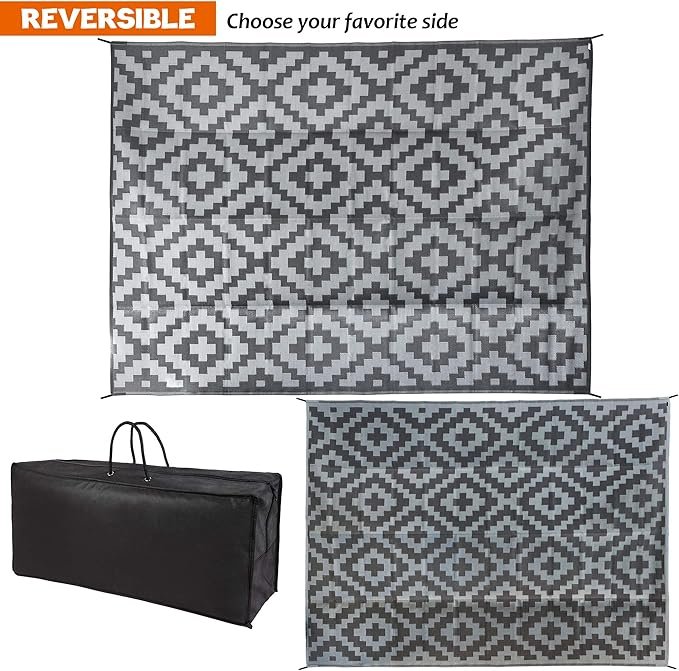 2 SAND MINE Reversible Mats, Plastic Straw Rug, Modern Area Rug, Large Floor Mat and Rug for Outdoors, RV, Patio, Backyard, Deck, Picnic, Beach, Trailer, Camping (9' x 12', Black Grey Lattice)