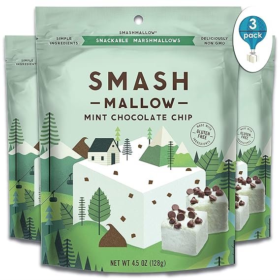 1 Mint Chocolate Chip by SMASHMALLOW | Snackable Marshmallows | Gluten Free | Non-GMO | Organic Cane Sugar | 100 Calories | Pack of 3 (4.5 oz)