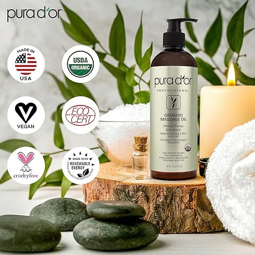 2 PURA D'OR 16 Oz Organic Massage Therapy Oil USDA Certified Almond, Apricot, Argan, Ginger, Jojoba, Lavender Oils for Silky & Softer Skin, Body Moisturizer & Skin Lubricant
