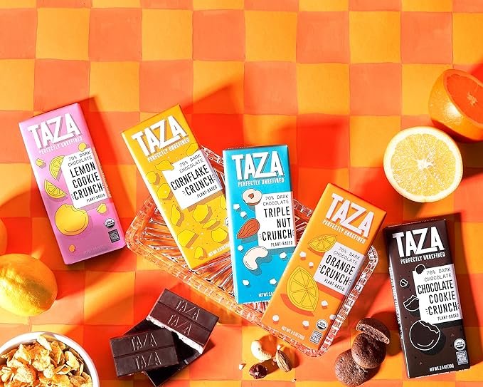 4 Taza Chocolate Organic Smooth & Crunchy Bars 70% Stone Ground, Orange Crunch 2.5 Ounces (10 Count), Vegan