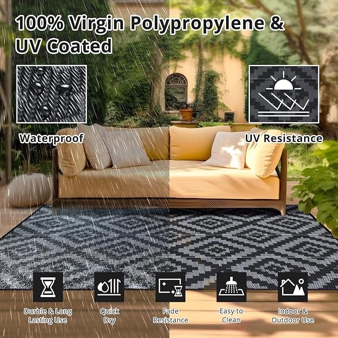 2 Black Grey Rhombus Outdoor Rug- 5x8FT, Durable Waterproof Mat for Camping, RV, Patio, Pool Deck, Beach or Indoor Use. Includes Portable Bag & Stakes. UV and Stain Resistant.