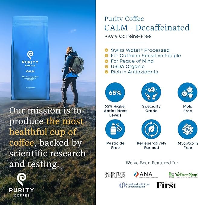 1 Purity Coffee CALM Decaf Medium Roast Whole Beans - USDA Certified Organic Specialty Grade Arabica Swiss Water Processed Decaffeinated - Third Party Tested for Mold, Mycotoxins, Pesticides - 5 lb Bag