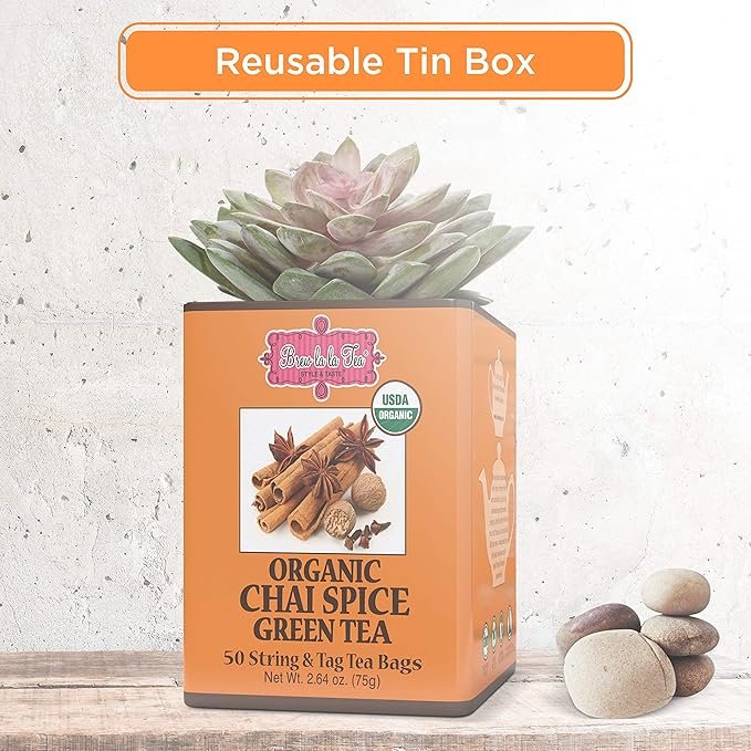 4 Brew La La Organic Green Tea - Chai Spice Flavor - 50 Tea Bag Tin - Low Caffeine Gourmet Tea - USDA Certified Organic
