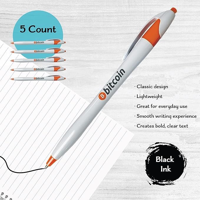 1 Cryptogate Bitcoin Ballpoint Ink Pen, Gift Pack Count 5, Office Cryptocurrency Gift, Bitcoin Blockchain Crypto Gift Pen, Black Ink