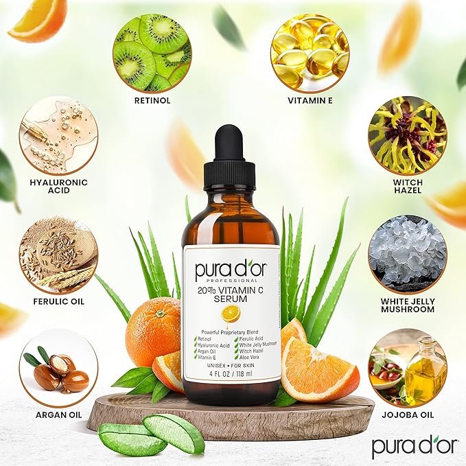 1 PURA D'OR 20% Vitamin C Serum (4oz BEST VALUE) Lightweight Maximum Strength Formula,Hyaluronic Acid,Retinol,Professional Grade Treatment For Face & Eyes,Dark Spots,Acne,Wrinkles,For Men & Women