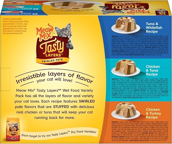 1 Meow Mix Tasty Layers Swirled Paté Wet Cat Food Variety Pack, 2.75 Oz - 12 Count (Pack of 4)