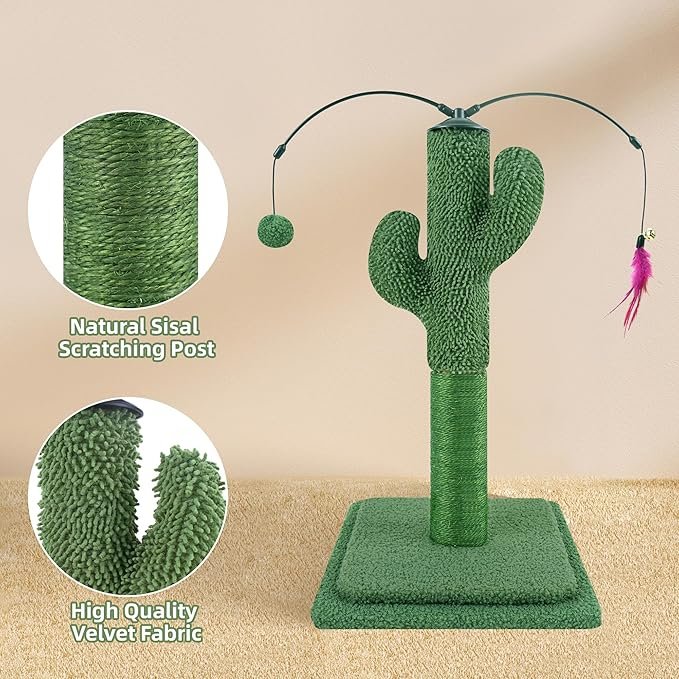 2 23.6" Cat Scratching Post, Cactus Cat Scratcher with Natural Sisal Rope for Indoor Cats, Claw Scratcher Green Cat Tree with Dangling Balls and Feather for Small Cats Kittens