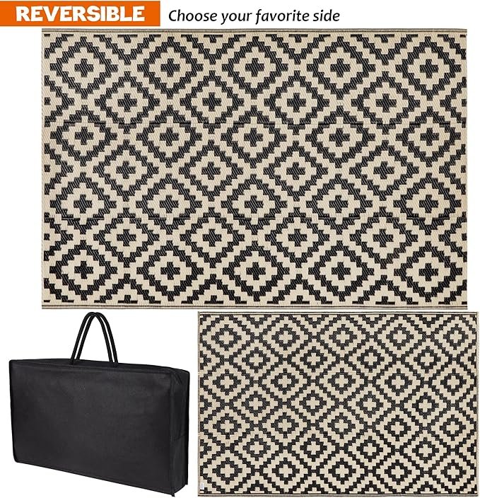 2 Reversible Outdoor Mat - Black & Beige Lattice (4' x 6')
