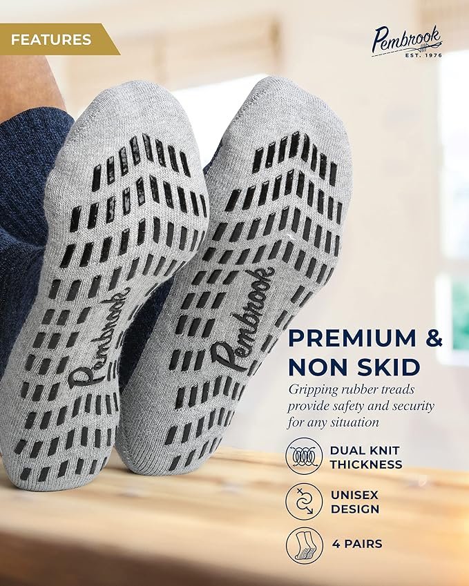 1 Pembrook 4 Pairs Crew Non Slip Socks - Gripper Socks for Men Women Husband Dad | Grippy Socks for Hospital Yoga Pilates Barre
