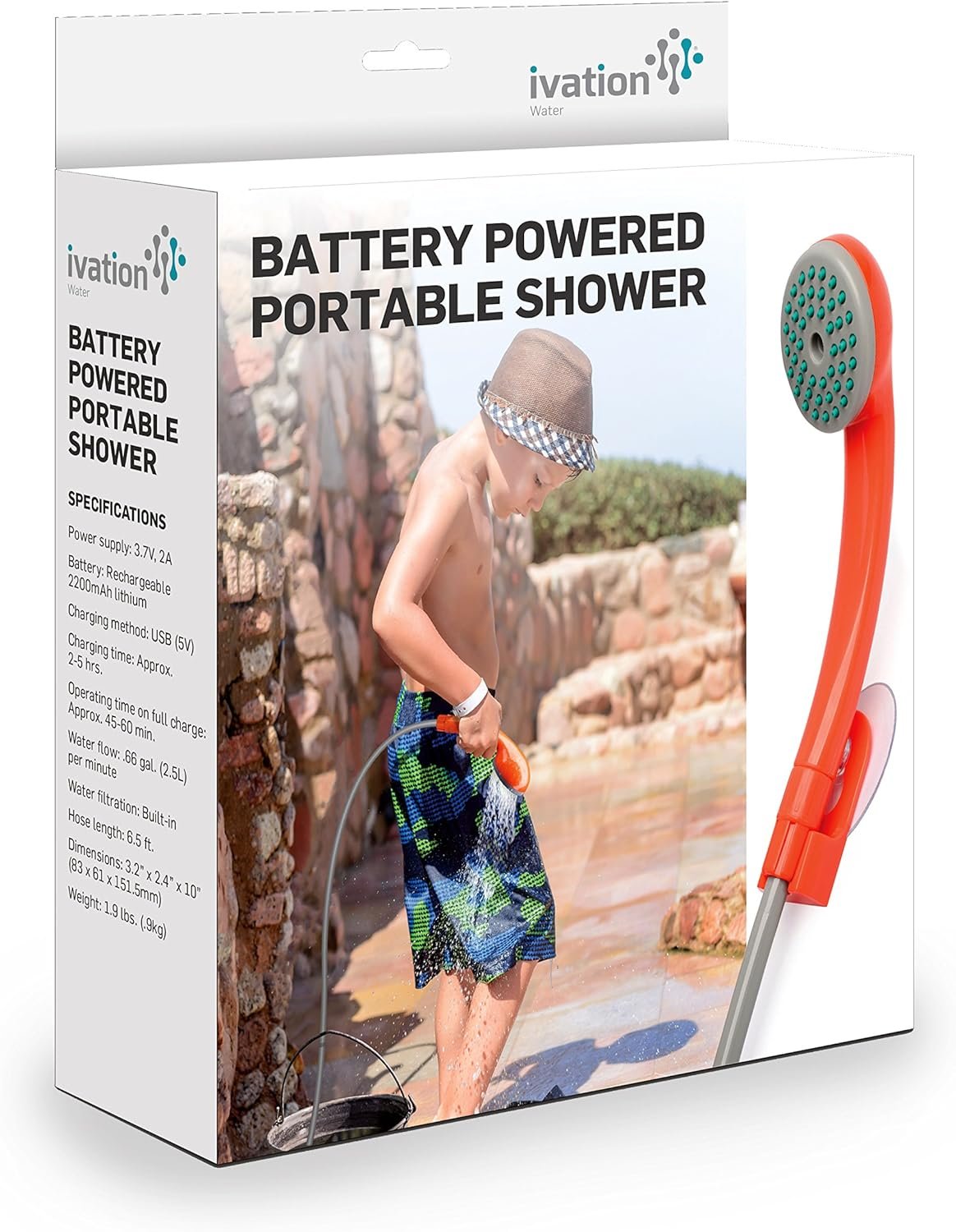 3 Ivation Portable Outdoor Shower, Battery Powered - Compact Handheld Rechargeable Camping Showerhead - Pumps Water from Bucket Into Steady, Gentle Shower Stream