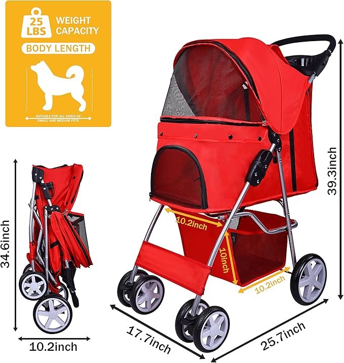4 Elevon Pet Stroller, 4 Wheels Multifunction Dog Cat Stroller, Folding Portable Travel Stroller with Detachable Carrier, Suitable for Medium Small Dogs Cats, Red