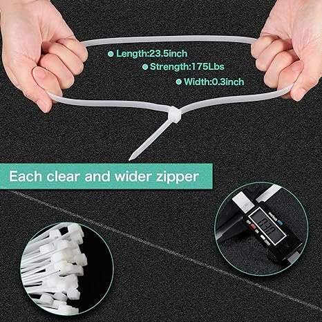 1 50 Pack of Durable Cable Bundling Ties - Industrial-Grade Zip Fasteners Ideal for Securing Awning, Binding Branches, and Fixing Water Pipes. White, 24 inches x 7.9 mm.