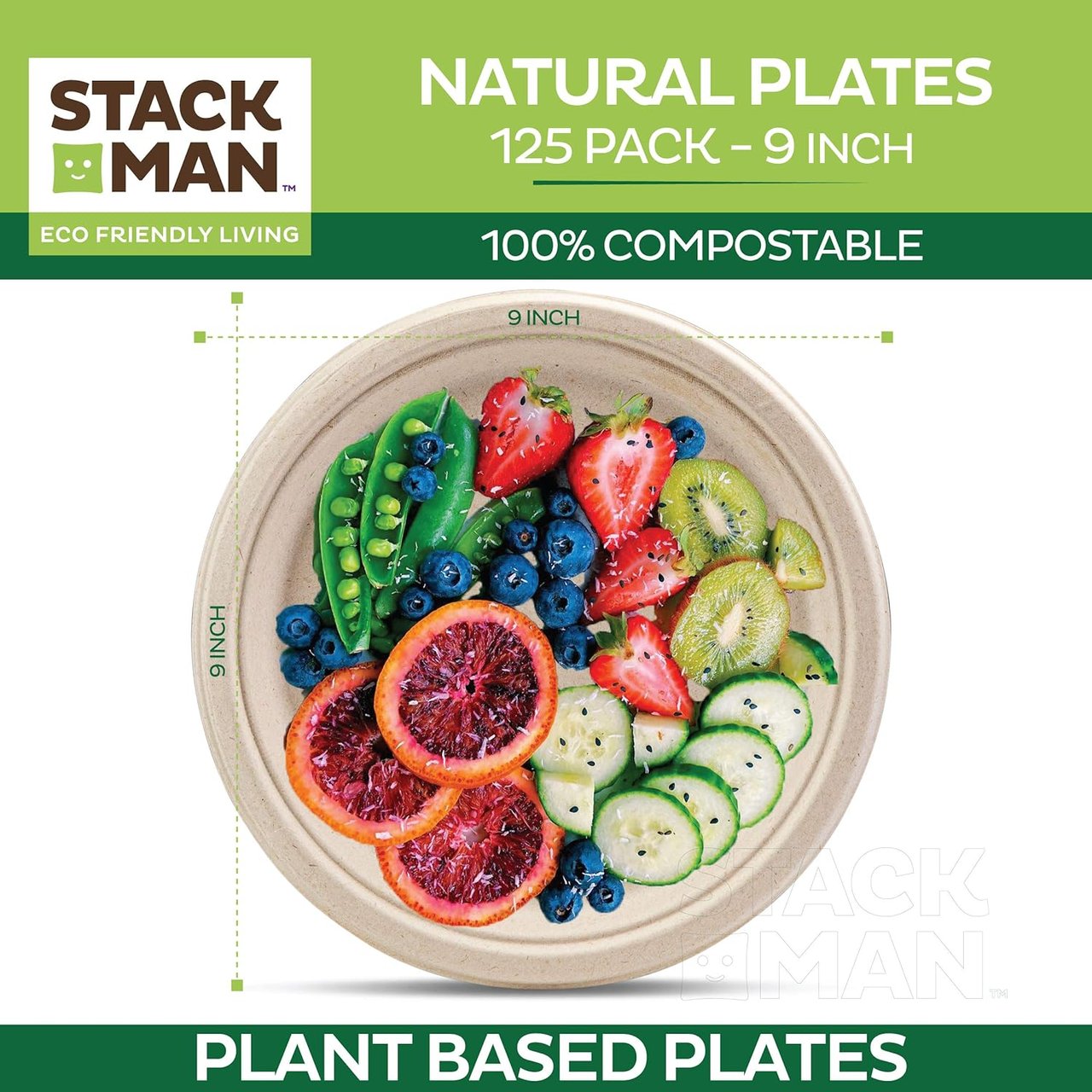6 100% Compostable 9 Inch Paper Plates [125-Pack] Heavy-Duty Plate, Natural Disposable Bagasse Plate, Eco-Friendly Made of Sugarcane Fibers - Natural Unbleached Brown 9" Biodegradable Plate by Stack Man