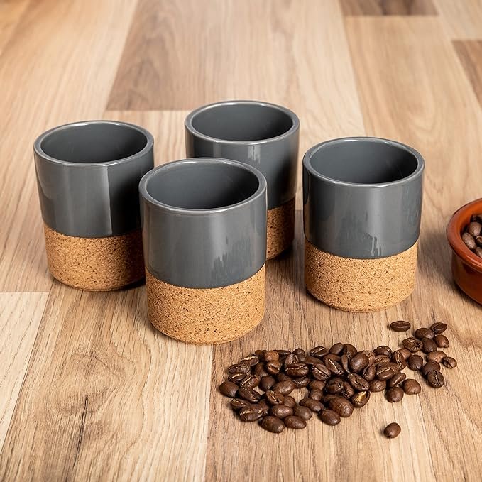 1 Set of 4 Gray Modern Ceramic Espresso Cups - Charming 4oz Coffee Mug with Detachable Cork Sleeve - Stacking Design - Handle-Free