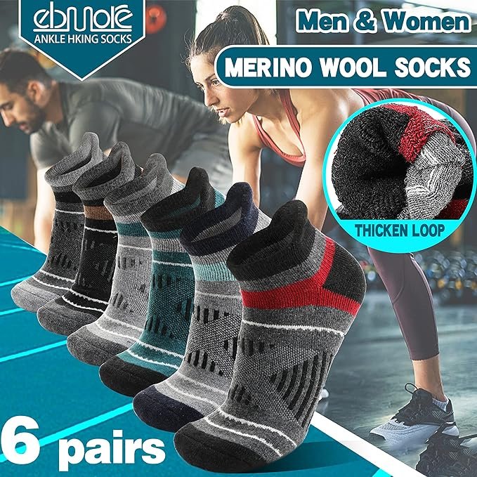 1 6 Pairs Merino Wool Ankle Hiking Running Socks Compression Support Thick Cushion Breathable No Show Socks for Men Women