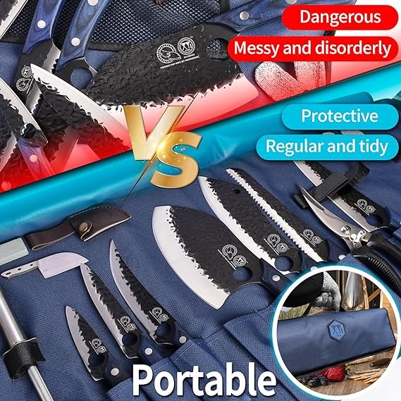 4 Portable Chef Knife Set by XYJ, a professional brand established in 1986. This set includes 7 camping knives, including a meat cleaver, gyuto knife, scissors, honing steel, and finger hole Serbian chef knives. All knives are full tang and made of high carbon steel. The set is color blue and comes with a convenient bag.