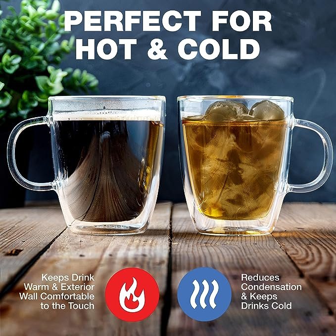 3 Eparé 13 oz Clear Glass Double Wall Coffee Mugs - Set of 2 Transparent Glass Cups - Insulated Glass Mug for Hot Drinks with Handle - Large Cup for Espresso, Latte, Cappuccino, or Tea