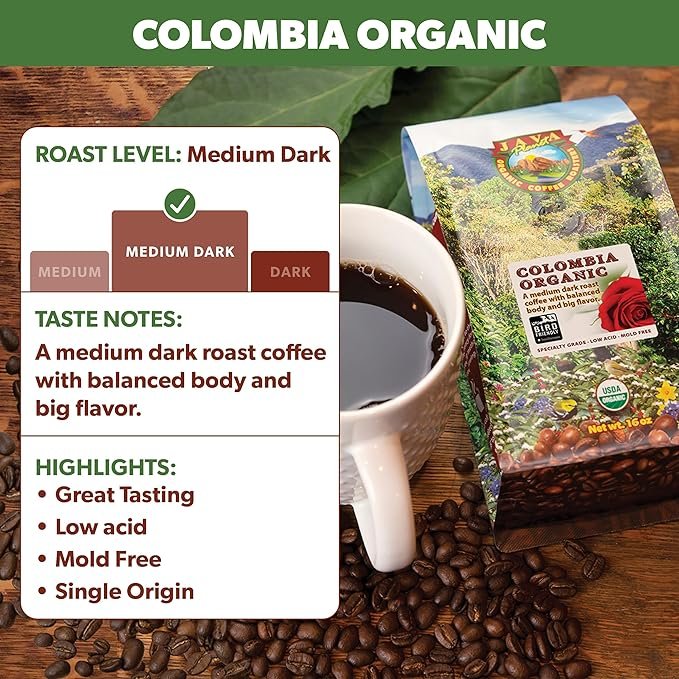 2 Java Planet Organic Colombian Single Origin Whole Bean Medium Dark Roast Coffee - Smooth Full Flavored, 1 pounds (Pack of 1) | 1LB Bag