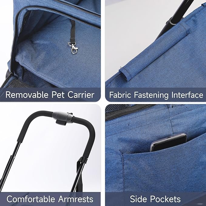 4 Rengue Double Pet Strollers, Dog Strollers for 2 Small Dogs or Cats, Double Cat Strollers with 2 Detachable Carrier Bags, Folding Dog Strollers with 4 Lockable Wheels, Travel Small Dog Strollers