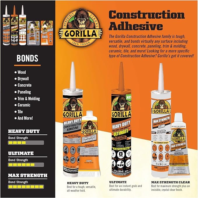 2 Gorilla Clear Strong Construction Adhesive, 2.5 Ounce Tube, Transparent, (1-Pack)