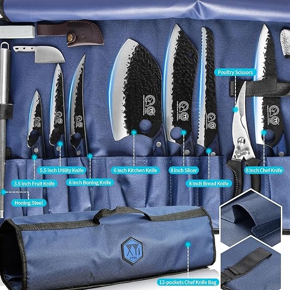 5 Portable Chef Knife Set by XYJ, a professional brand established in 1986. This set includes 7 camping knives, including a meat cleaver, gyuto knife, scissors, honing steel, and finger hole Serbian chef knives. All knives are full tang and made of high carbon steel. The set is color blue and comes with a convenient bag.